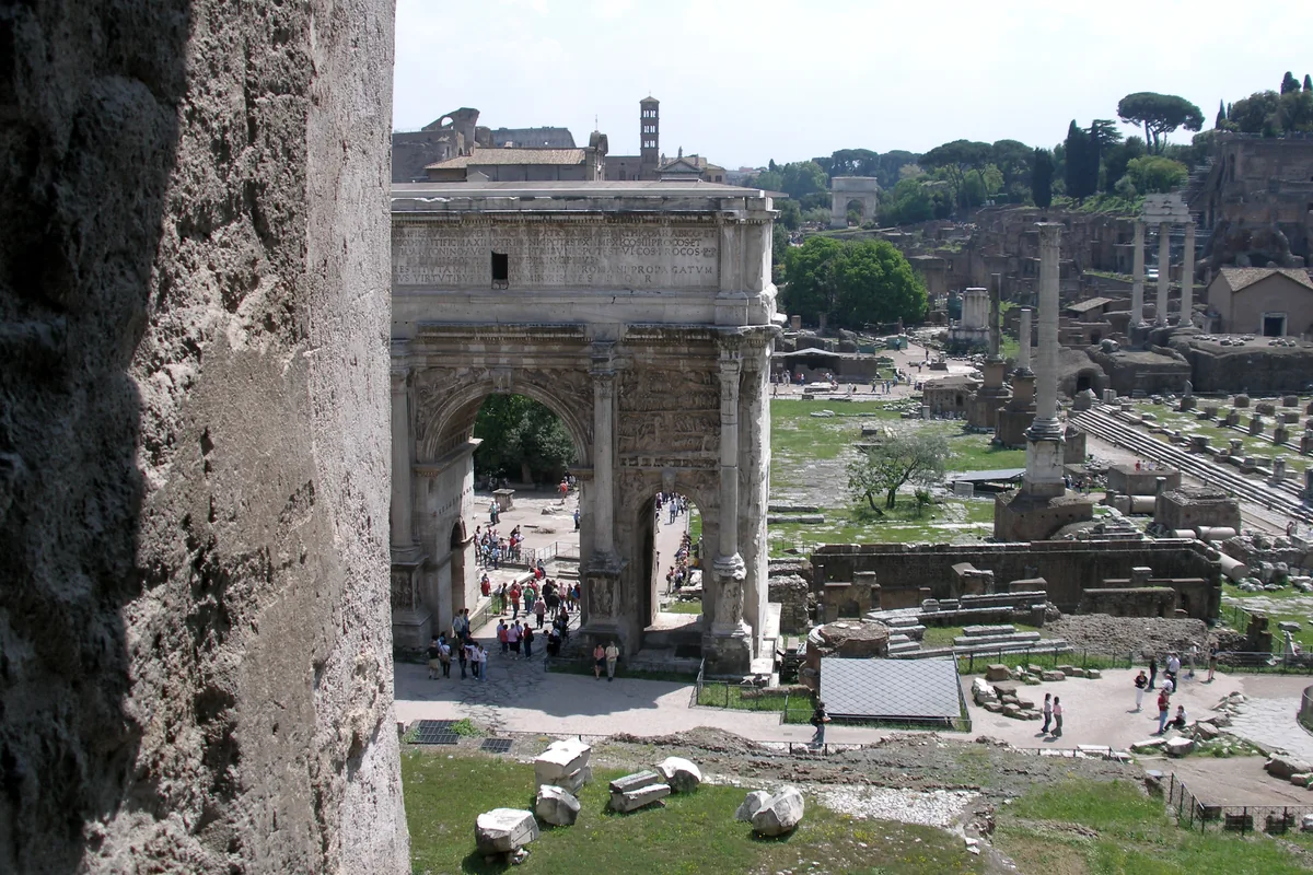 Ruins and columns in the Roman Forum in Rome